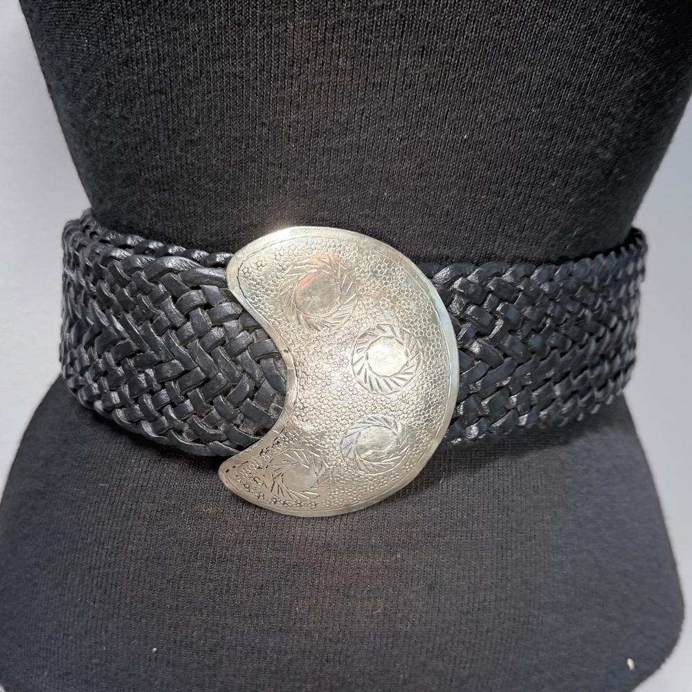 Vintage Moroccan Woven Leather Belt Wide Boho Silver Buckle 37” x 3”